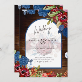 Rustic Burgundy Blue Floral Wedding Kaart