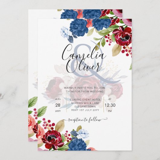 Rustic Burgundy Blue Floral Wedding Kaart (Voorkant / Achterkant)