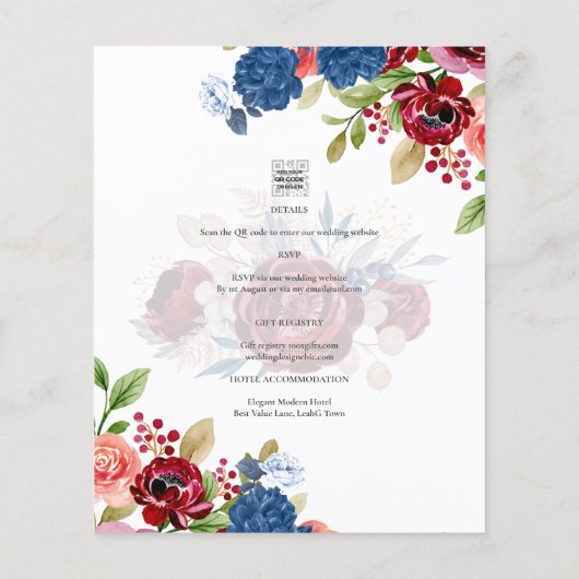 Rustic Burgundy Blue Floral Wedding PHOTO INVITE Flyer (Achterkant)
