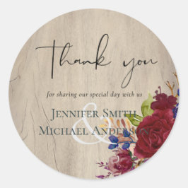 Rustic Burgundy Blue Floral Wedding Ronde Sticker