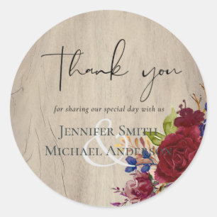 Rustic Burgundy Blue Floral Wedding Ronde Sticker