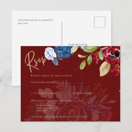 Rustic Burgundy Blue Floral Wedding RSVP Briefkaart (Voorkant / Achterkant)
