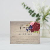 Rustic Burgundy Blue Floral Wedding RSVP Briefkaart (Staand voorkant)