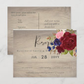 Rustic Burgundy Blue Floral Wedding RSVP Briefkaart (Voorkant / Achterkant)