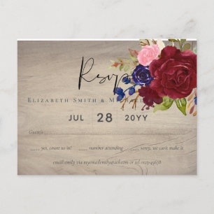 Rustic Burgundy Blue Floral Wedding RSVP Briefkaart