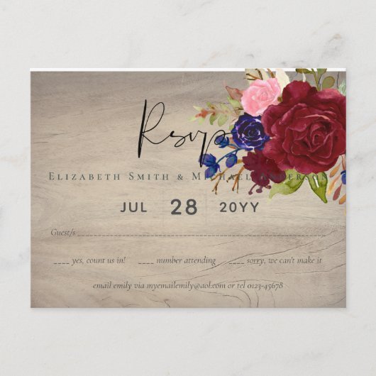 Rustic Burgundy Blue Floral Wedding RSVP Briefkaart (Voorkant)