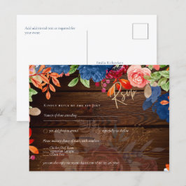 Rustic Burgundy Blue Floral Wedding RSVP Briefkaart