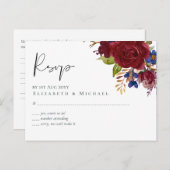 Rustic Burgundy Blue Floral Wedding RSVP Briefkaart (Voorkant / Achterkant)