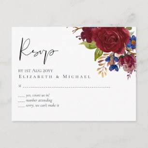 Rustic Burgundy Blue Floral Wedding RSVP Briefkaart