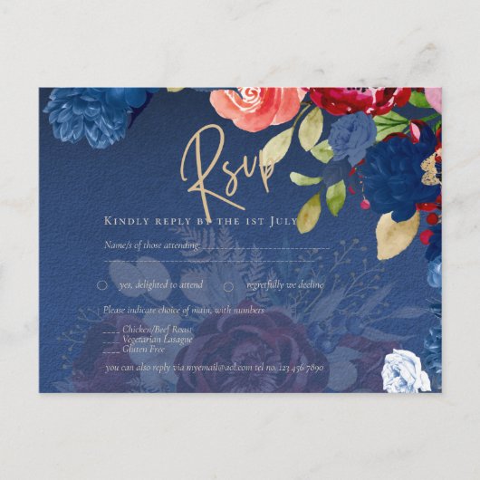 Rustic Burgundy Blue Floral Wedding RSVP Briefkaart (Voorkant)