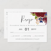 Rustic Burgundy Blue Floral Wedding RSVP Briefkaart (Voorkant / Achterkant)