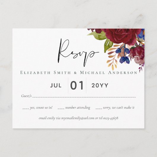 Rustic Burgundy Blue Floral Wedding RSVP Briefkaart (Voorkant)