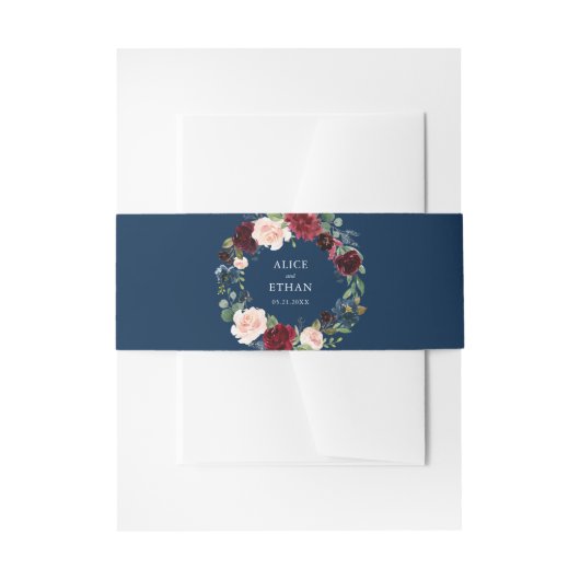 Rustic Burgundy Blue Floral Wedding Uitnodigingen Wikkel (Voorkant Voorbeeld)