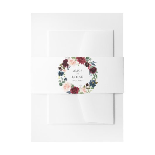 Rustic Burgundy Blue Floral Wedding Uitnodigingen Wikkel (Voorkant Voorbeeld)
