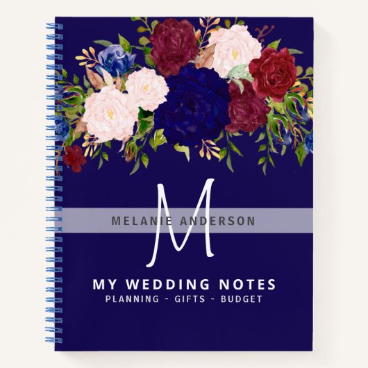 Rustic Burgundy Blue Pink Floral Weddenschap Notitieboek (Voorkant)