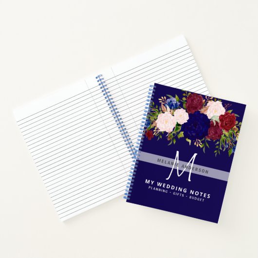Rustic Burgundy Blue Pink Floral Weddenschap Notitieboek (Binnen)