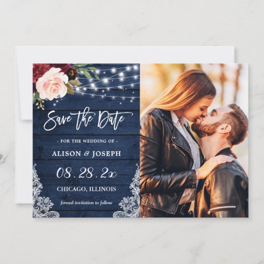Rustic Burgundy Blue String Lights Weddenfoto Save The Date (Voorkant)