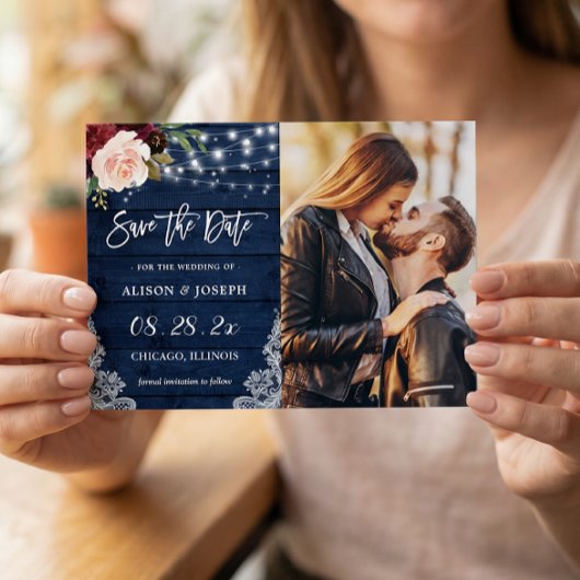Rustic Burgundy Blue String Lights Weddenfoto Save The Date