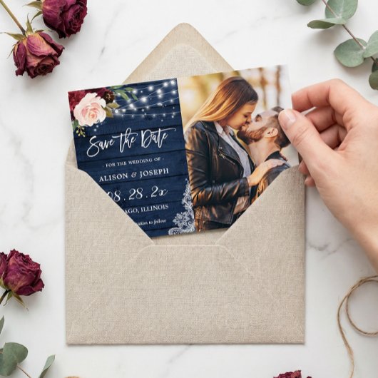 Rustic Burgundy Blue String Lights Weddenfoto Save The Date