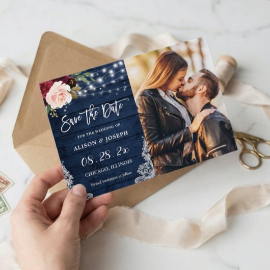 Rustic Burgundy Blue String Lights Weddenfoto Save The Date