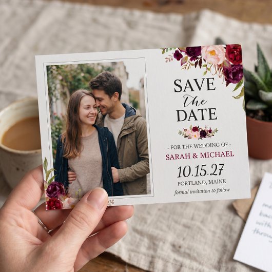 Rustic Burgundy Blush Bloemige 'Save the Date' Fot Save The Date