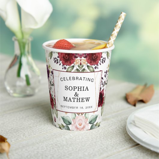 Rustic Burgundy Blush Floral Abstract huwelijk Papieren Bekers (Insitu)