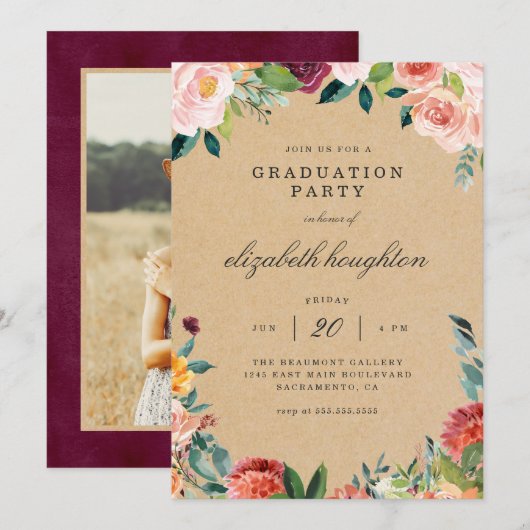 Rustic Burgundy Blush Floral Afstuderen Deel Kaart (Voorkant / Achterkant)