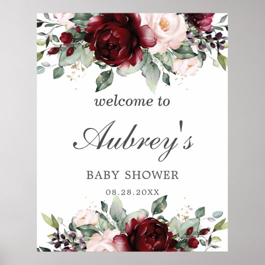 Rustic Burgundy Blush Floral Baby shower Welkom Poster (Voorkant)