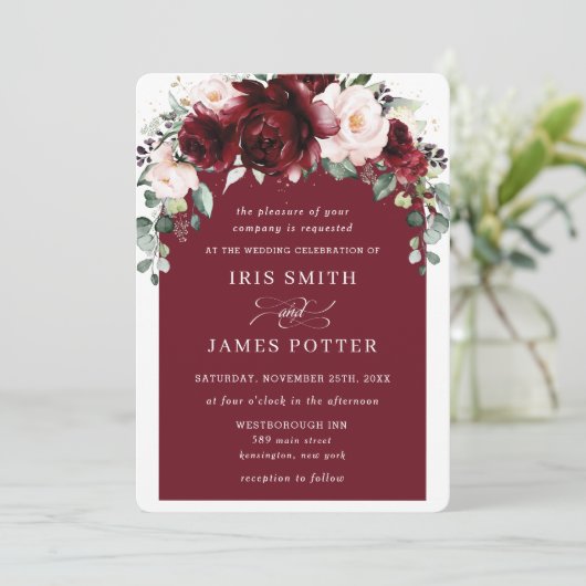 Rustic Burgundy Blush Floral Flowers Arch Wedding Kaart (Staand voorkant)