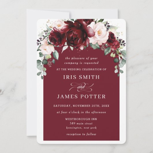 Rustic Burgundy Blush Floral Flowers Arch Wedding Kaart (Voorkant)