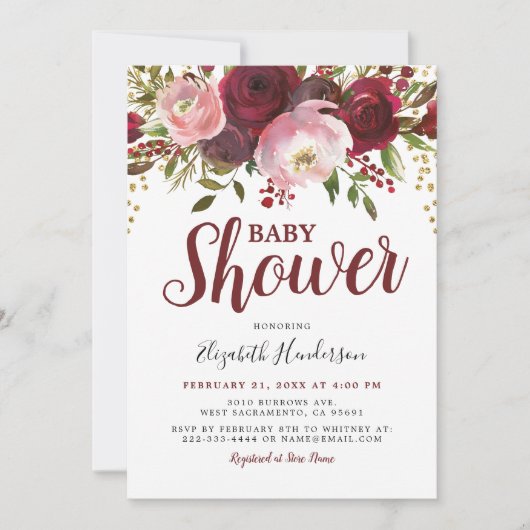 Rustic Burgundy Blush Floral Glitter Baby shower Kaart (Voorkant)