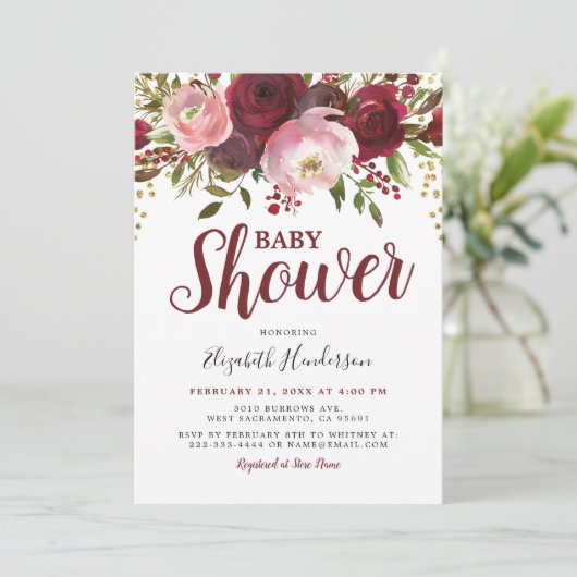 Rustic Burgundy Blush Floral Glitter Baby shower Kaart (Staand voorkant)