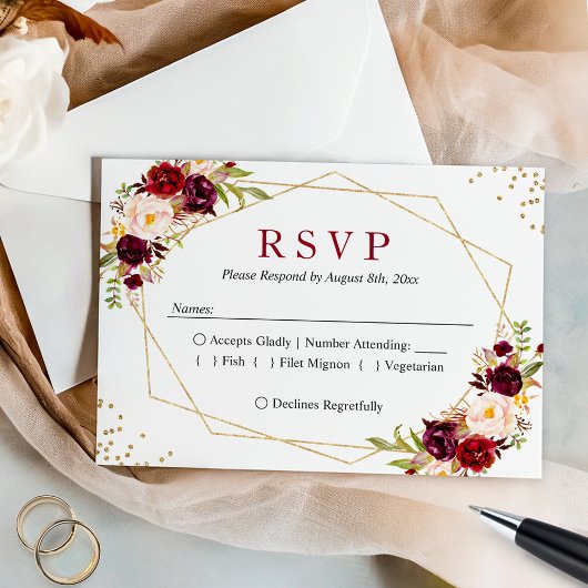 Rustic Burgundy Blush Floral Gold Glitters RSVP