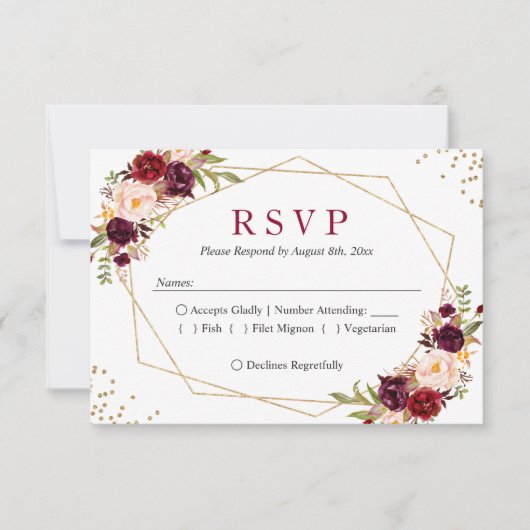 Rustic Burgundy Blush Floral Gold Glitters RSVP Kaartje (Voorkant)