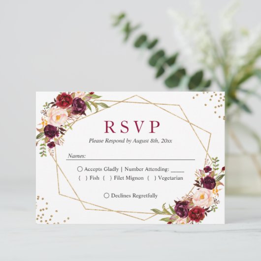 Rustic Burgundy Blush Floral Gold Glitters RSVP Kaartje (Staand voorkant)