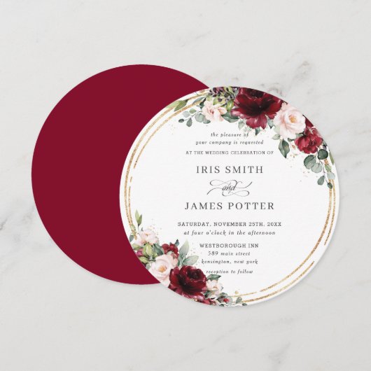 Rustic Burgundy Blush Floral Gold Greenery Wedding Kaart (Voorkant / Achterkant)