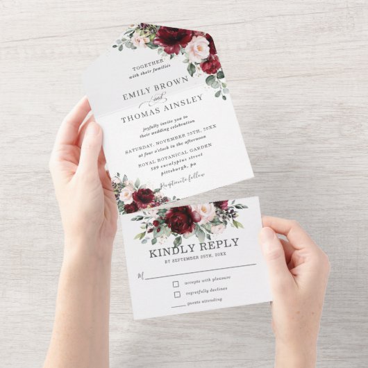 Rustic Burgundy Blush Floral Greenery Wedding All In One Uitnodiging (Afscheurbaar)