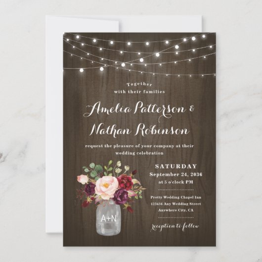 Rustic Burgundy Blush Floral Mason Jar Wedding Kaart (Voorkant)