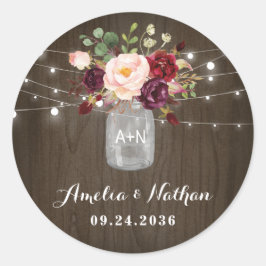Rustic Burgundy Blush Floral Mason Jar Wedding Ronde Sticker