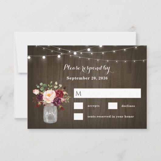 Rustic Burgundy Blush Floral Mason Jar Wedding RSVP Kaartje (Voorkant)