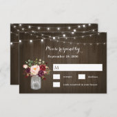 Rustic Burgundy Blush Floral Mason Jar Wedding RSVP Kaartje (Voorkant / Achterkant)