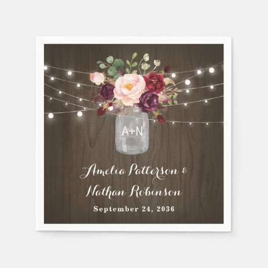 Rustic Burgundy Blush Floral Mason Jar Wedding Servet (Voorkant)