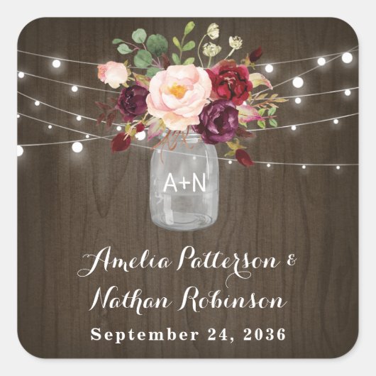 Rustic Burgundy Blush Floral Mason Jar Wedding Vierkante Sticker (Voorkant)