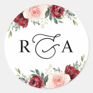 Rustic Burgundy Blush Floral Monogram op maat gema Ronde Sticker
