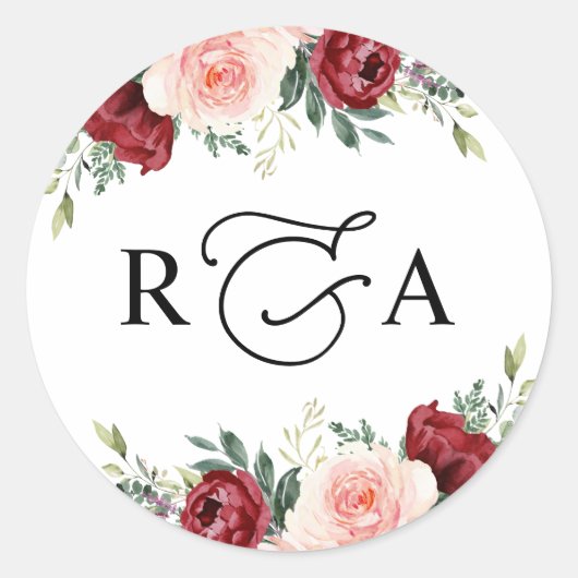 Rustic Burgundy Blush Floral Monogram op maat gema Ronde Sticker (Voorkant)