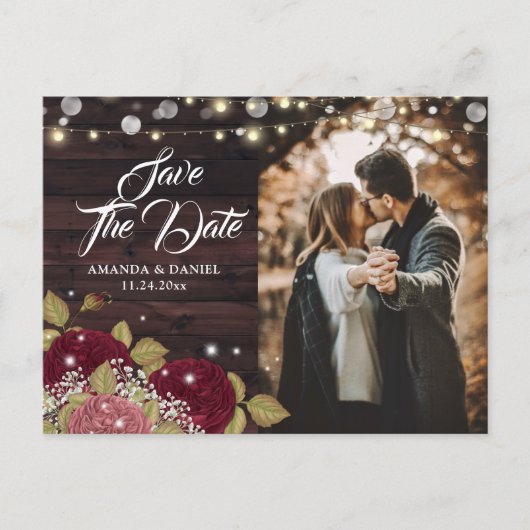 Rustic Burgundy Blush Floral Photo Save the Date Aankondigingskaart (Voorkant)