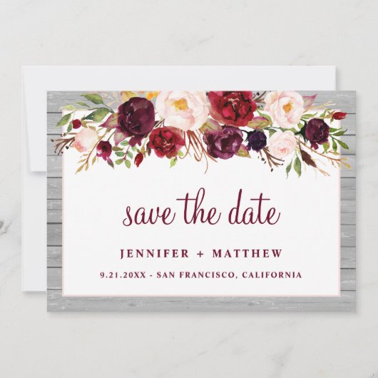 Rustic Burgundy Blush Floral Pink Border Wedding Save The Date (Voorkant)