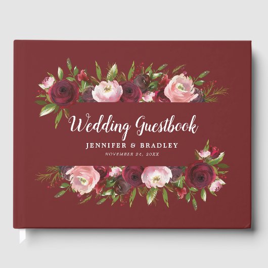 Rustic Burgundy Blush Floral Waterverf Wedding Gastenboek (Voorkant)