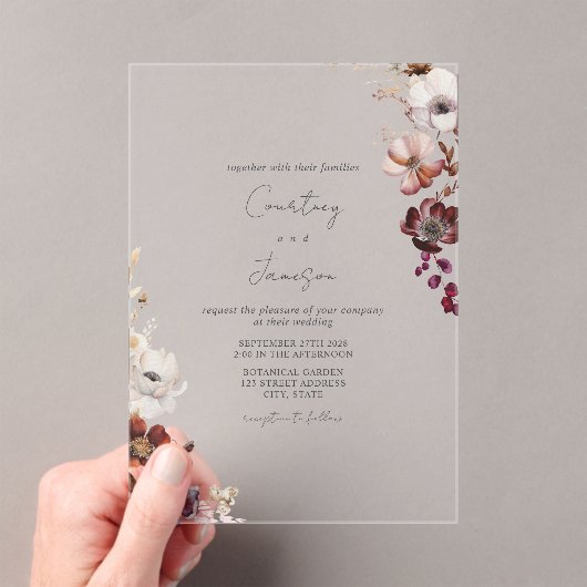 Rustic Burgundy Blush Floral Wedding Acryl Uitnodigingen (Insitu (Draagbaar))