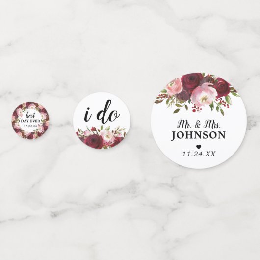 Rustic Burgundy Blush Floral Wedding Confetti (Voorkanten)
